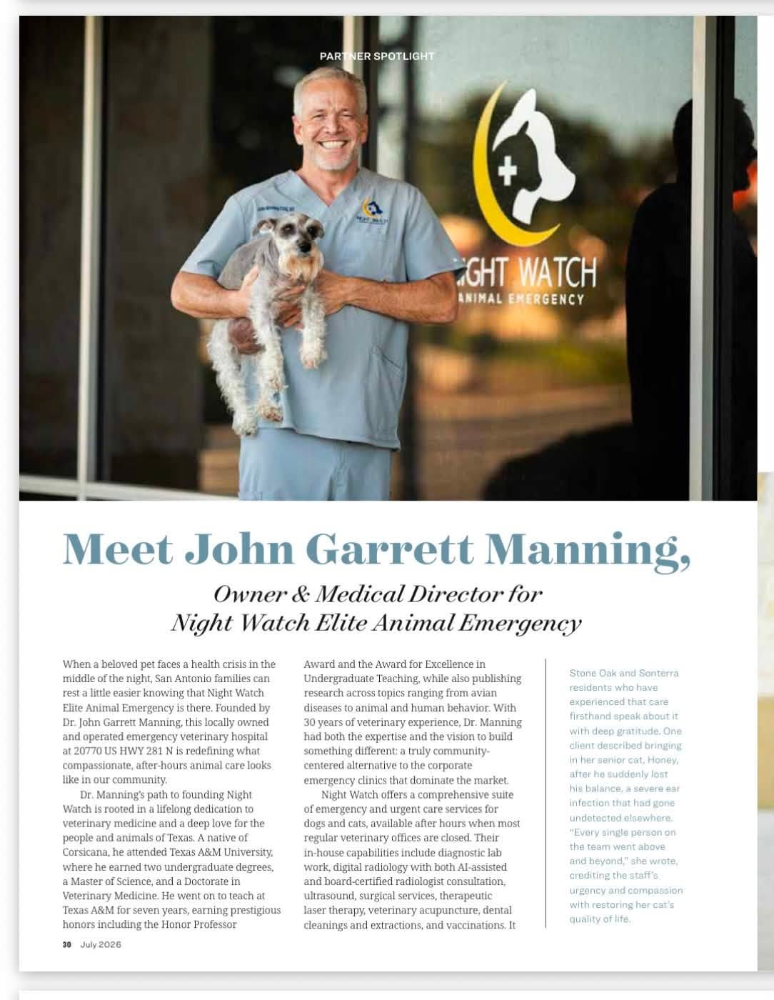 Dr. John Manning and his dog Buff stand in front of Night Watch Elite Animal Emergency
